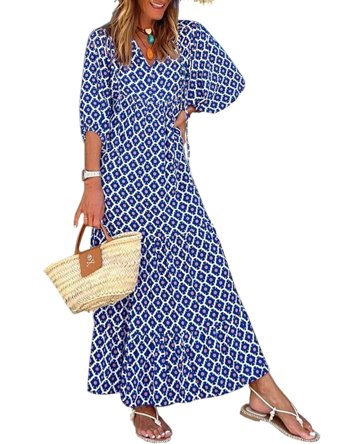 Women's Floral Boho Maxi Dress with Puff Sleeves