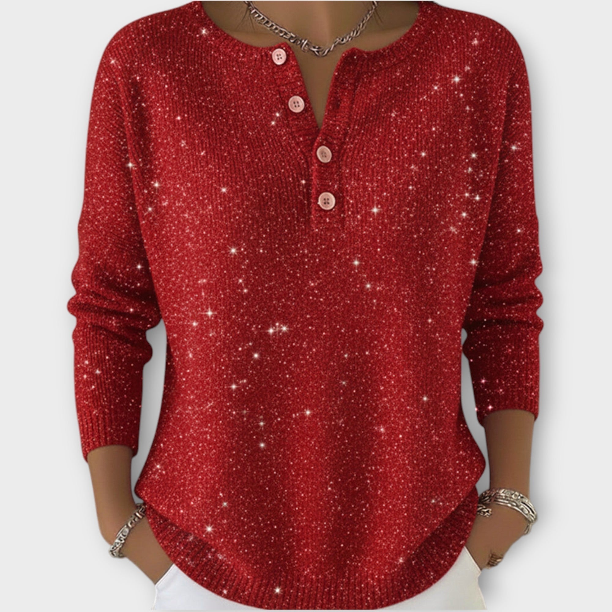 Pletený Henley top s knoflíky a třpytivým efektem