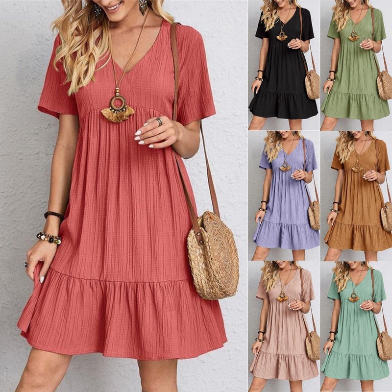 VintageMuse – Damen-Boho-Minikleid mit V-Ausschnitt und Rüschensaum