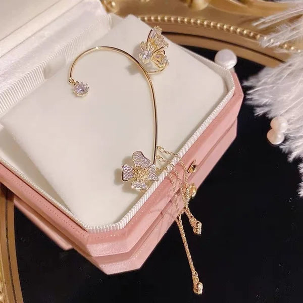 GlowLuxe — Floral Ear Cuff Earrings with Crystal Accents and Tassel Design