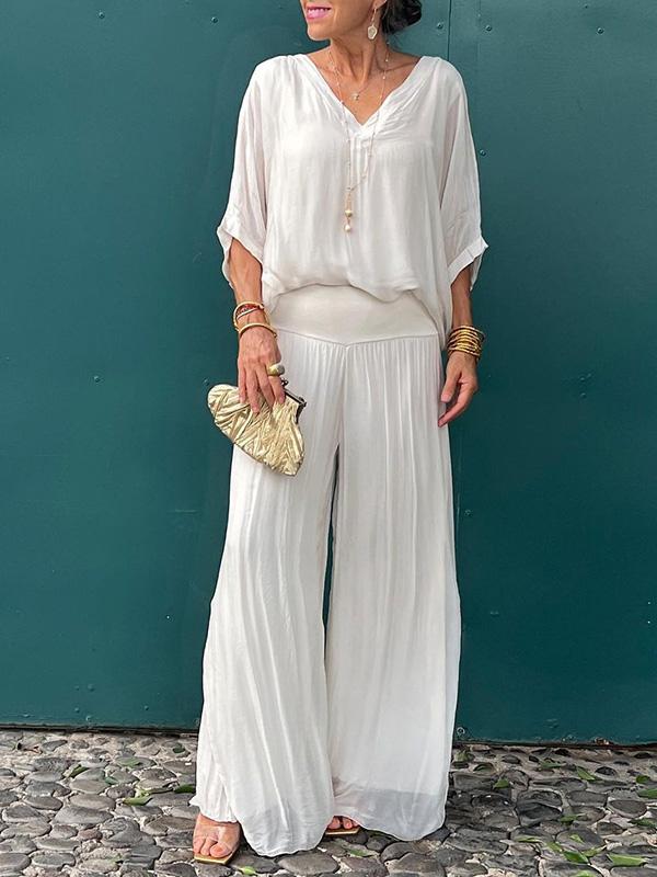 Elegant Chiffon Wide Leg Pants & V-Neck Two-Piece Set