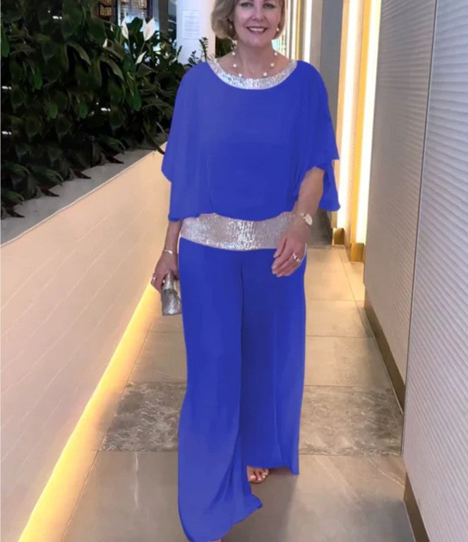 Women's Sequin Accent Two-Piece Wide Leg Pants Set