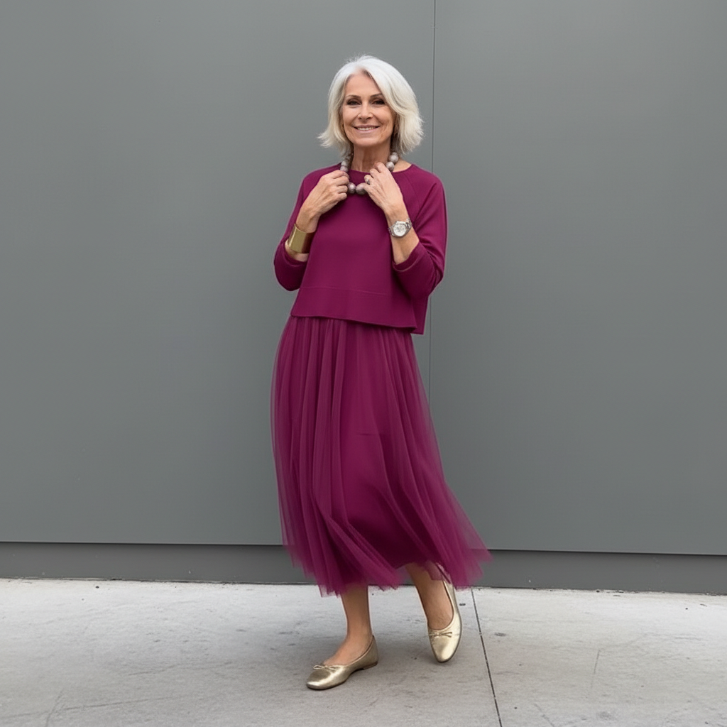 Emmie - Elegantní dvoudílný komplet, vrstvené pletené šaty pro nenucený styl