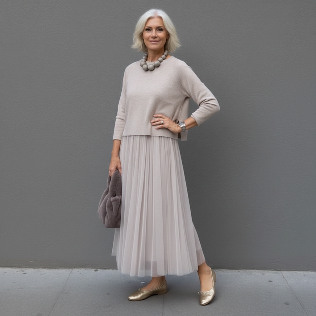 Emmie - Elegantní dvoudílný komplet, vrstvené pletené šaty pro nenucený styl
