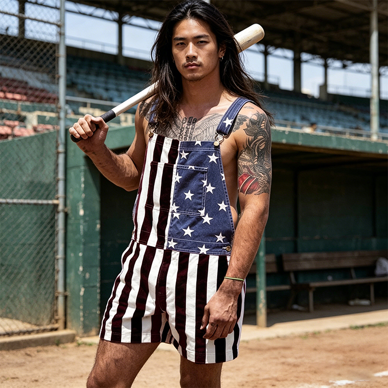 PatriotVibe - Korte denim-overalls med amerikansk flag