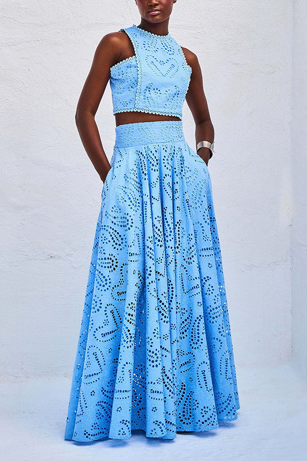 Larissa - Set s vyšívaným topem &amp; maxi sukní s vysokým pasem, elegantní dvoudílný outfit