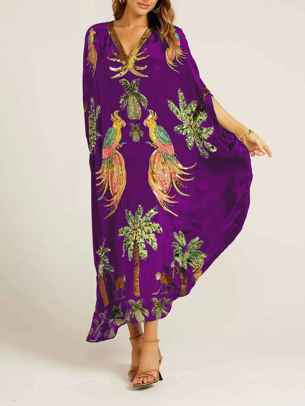 Women's Tropical Print V-Neck Maxi Dress with Relaxed Fit