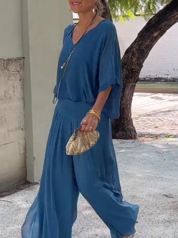 Elegant Chiffon Wide Leg Pants & V-Neck Two-Piece Set