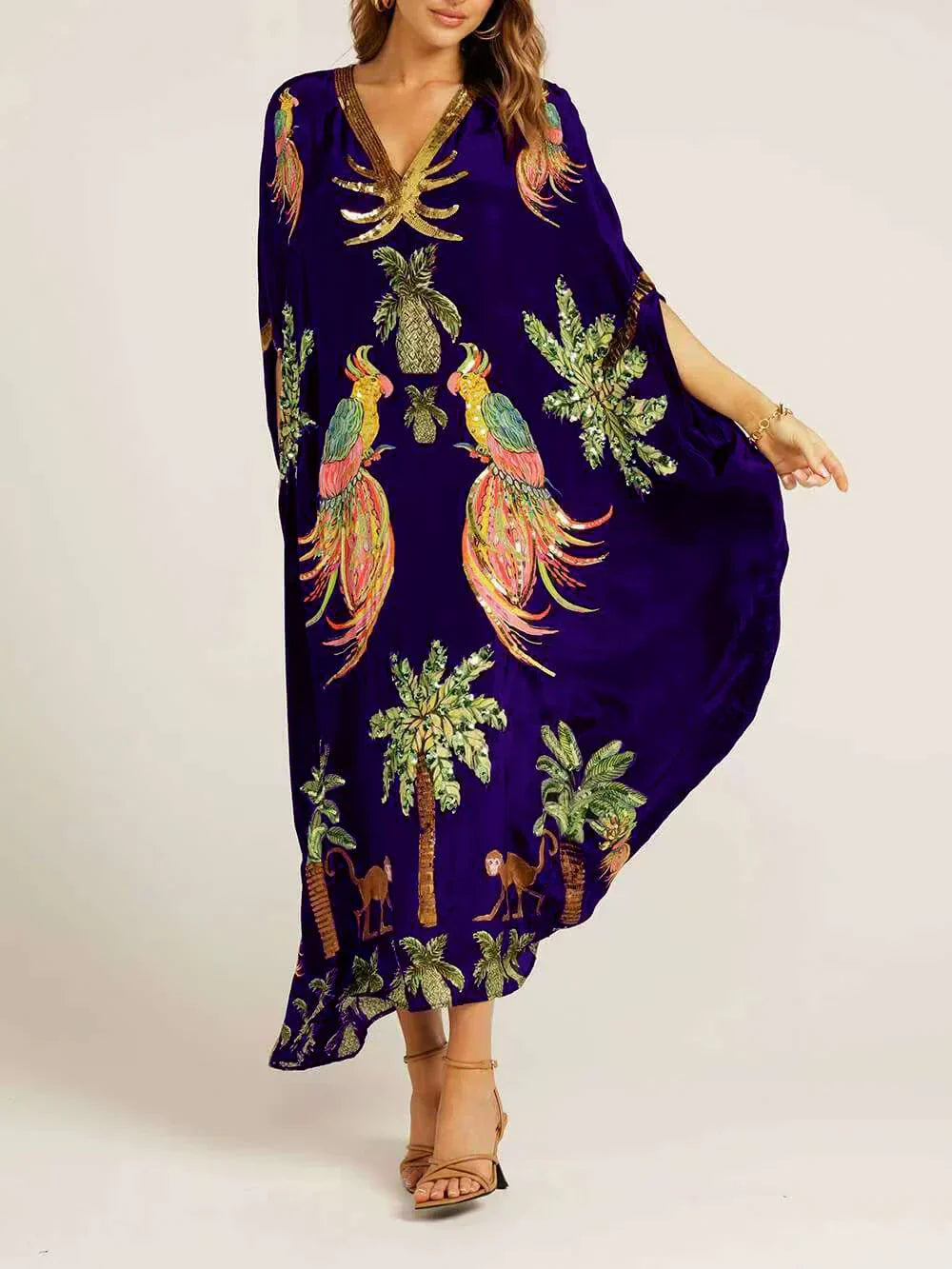 Women's Tropical Print V-Neck Maxi Dress with Relaxed Fit