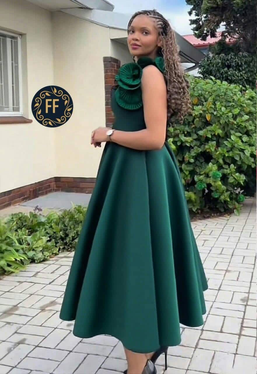 Women's Ruffle Sleeve V-Neck A-Line Midi Dress