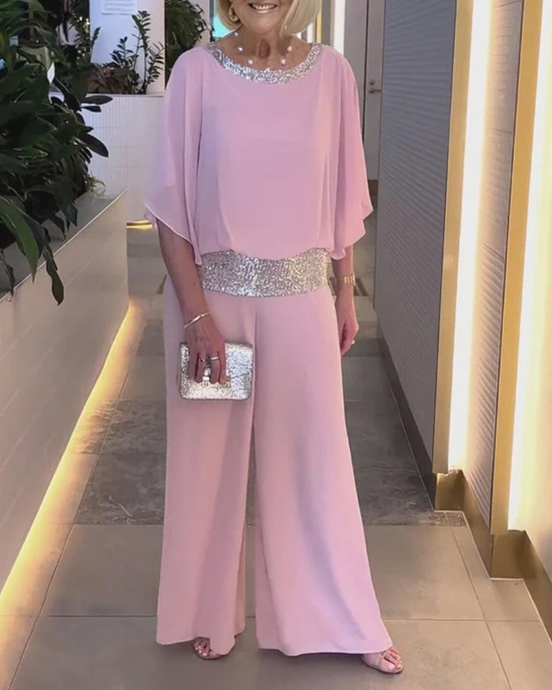 Women's Sequin Accent Two-Piece Wide Leg Pants Set