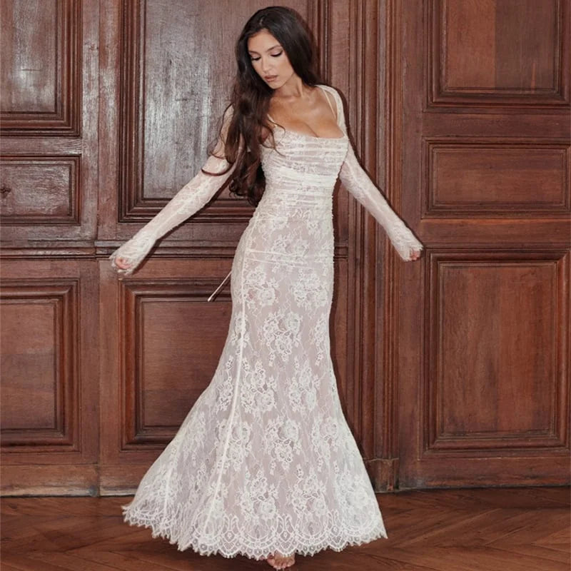 Lace Maxi Dress with Adjustable Waist & Shawl