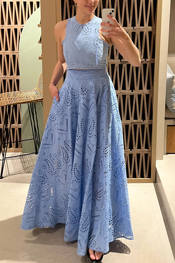 Larissa - Set s vyšívaným topem &amp; maxi sukní s vysokým pasem, elegantní dvoudílný outfit