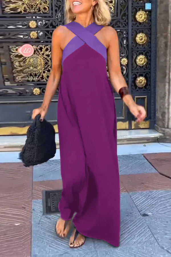 Women's Cross Back Sleeveless Maxi Dress with Halter Neck