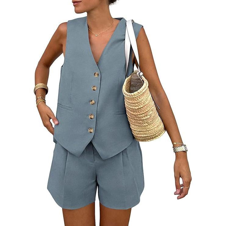 PrettyGarden ermeløst 2-delt damesett med vest og shorts