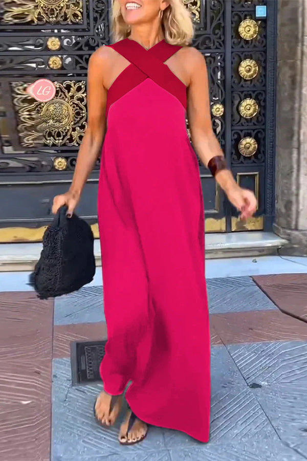 Women's Cross Back Sleeveless Maxi Dress with Halter Neck
