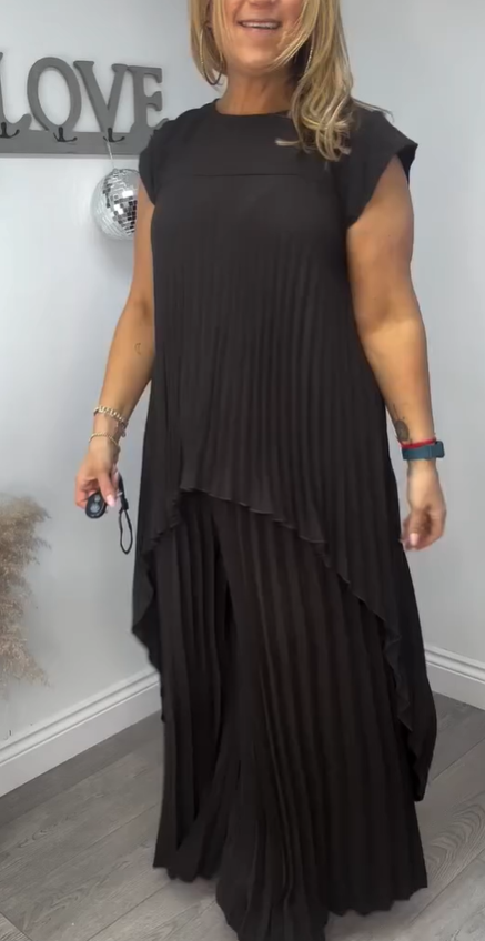 Sherry - Set aus plissiertem Midi-Oberteil und Hose mit weitem Bein