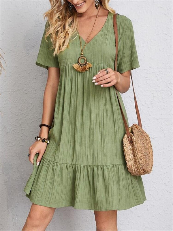 VintageMuse – Damen-Boho-Minikleid mit V-Ausschnitt und Rüschensaum
