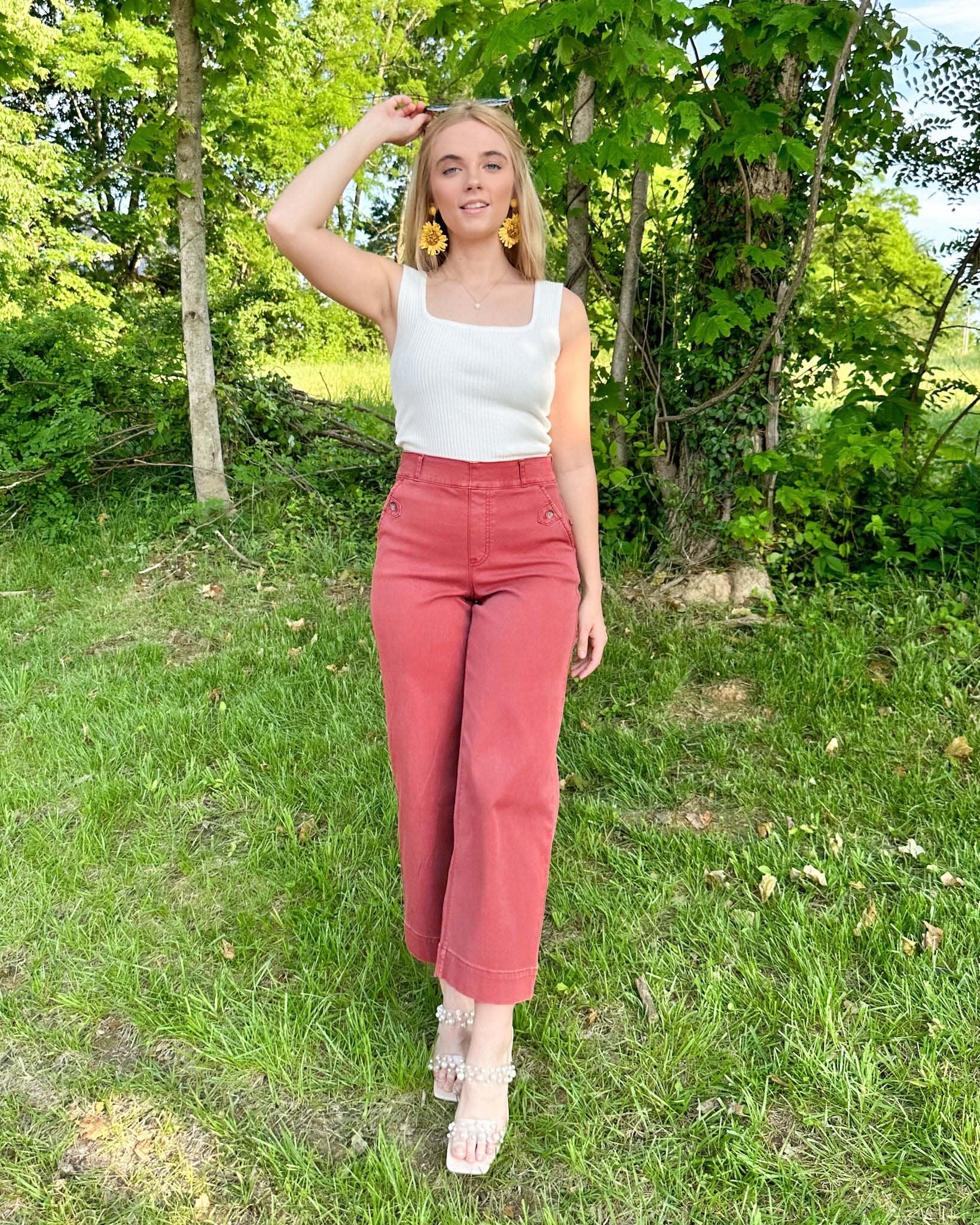 Women's Cropped Wide Leg Twill Pants with Pull-On Waist