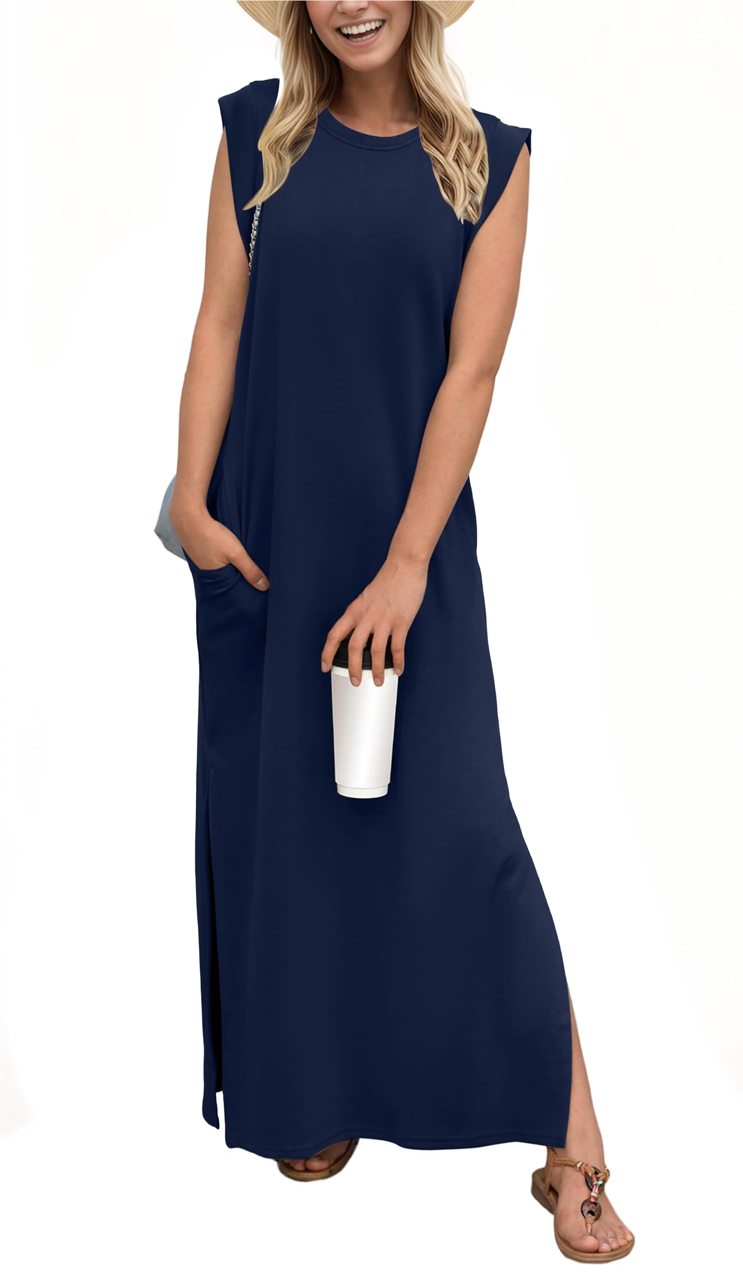 Women's Sleeveless Maxi Dress with Side Slit and Pockets