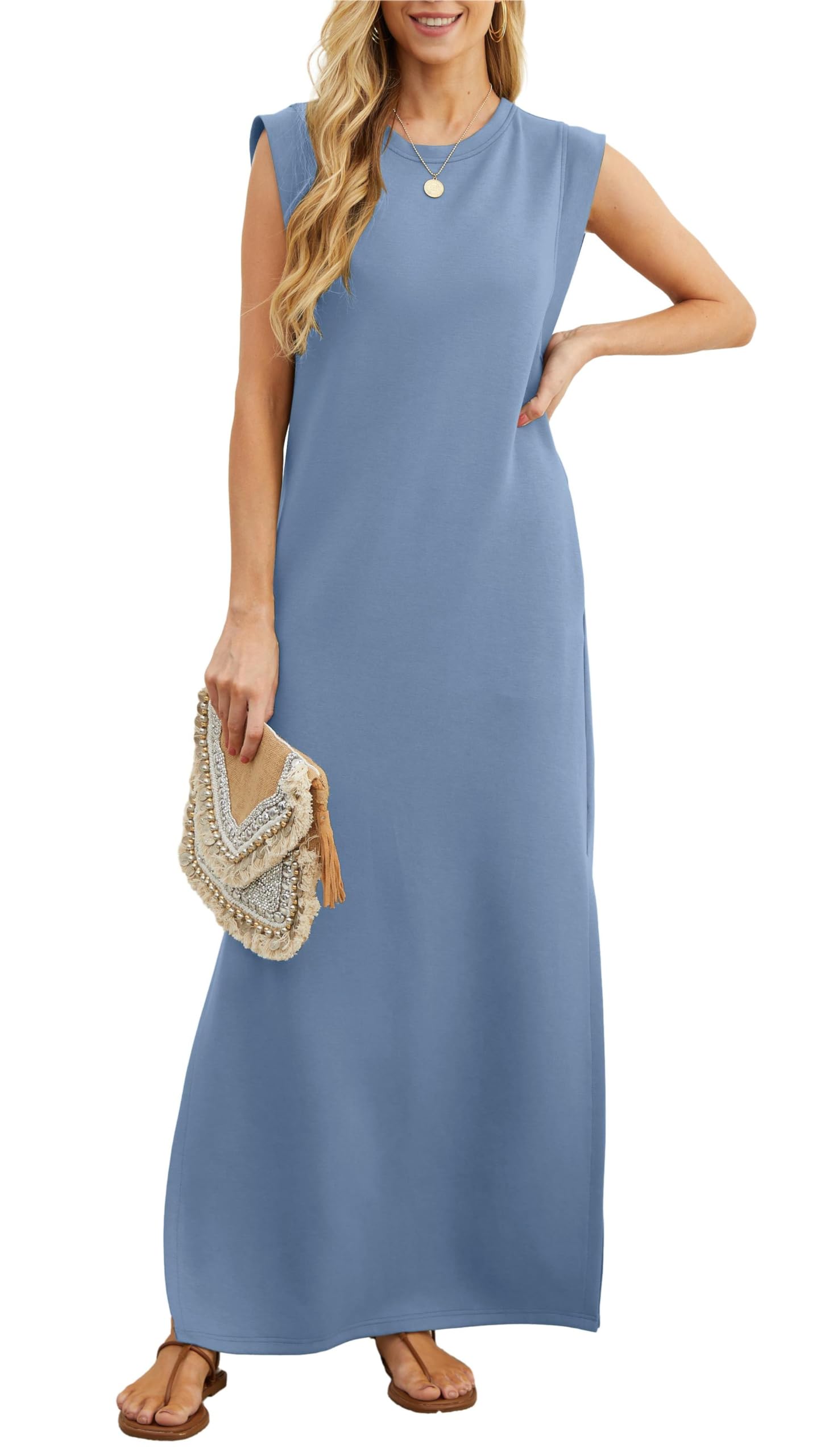 Women's Sleeveless Maxi Dress with Side Slit and Pockets