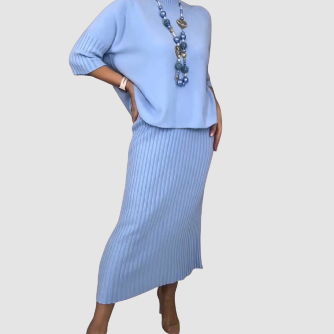 Delyssa - Elegant 2-delt sæt, afslappet top og ribbet midi-nederdel