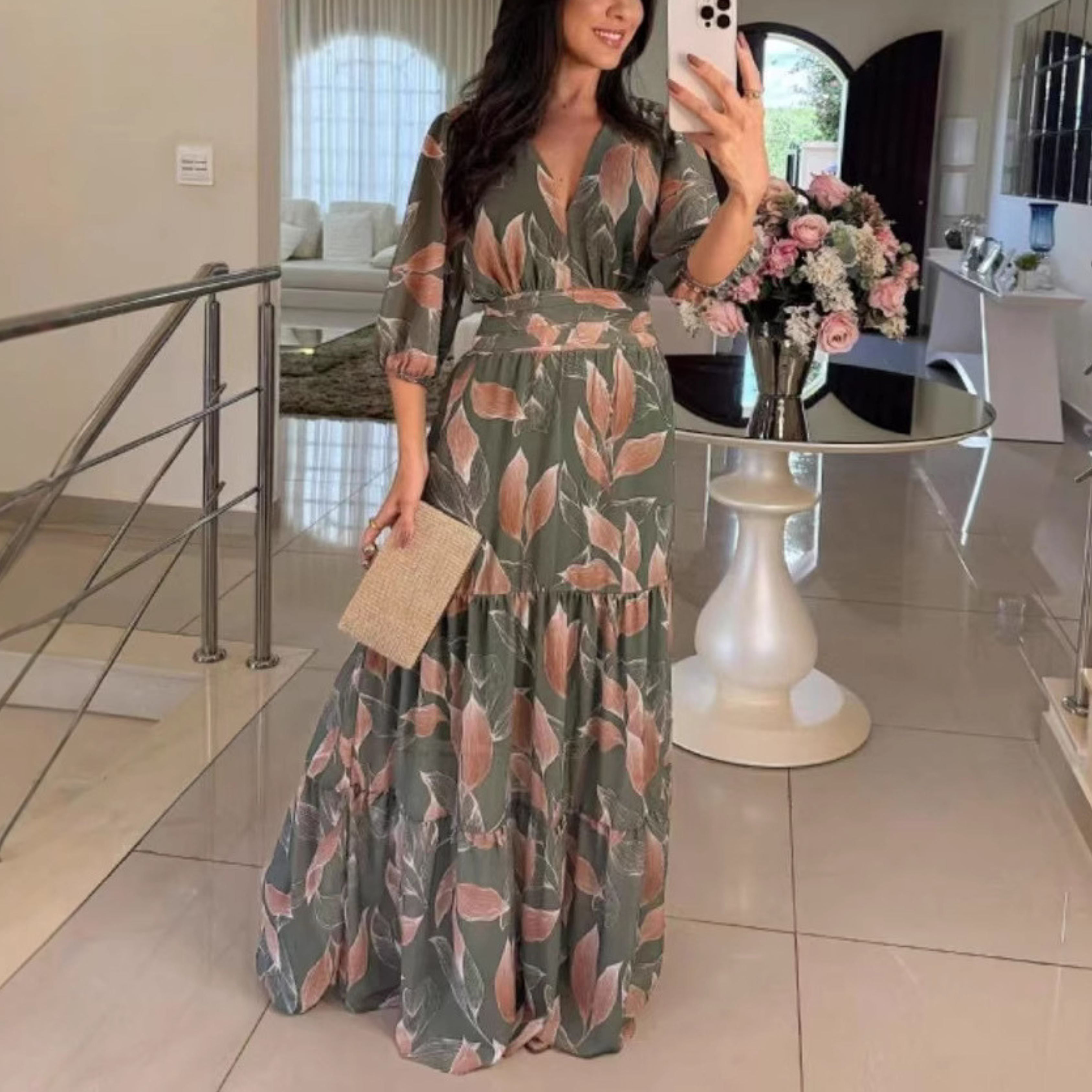 Bell - Elegantní maxi šaty s výstřihem do V a nabíranými rukávy