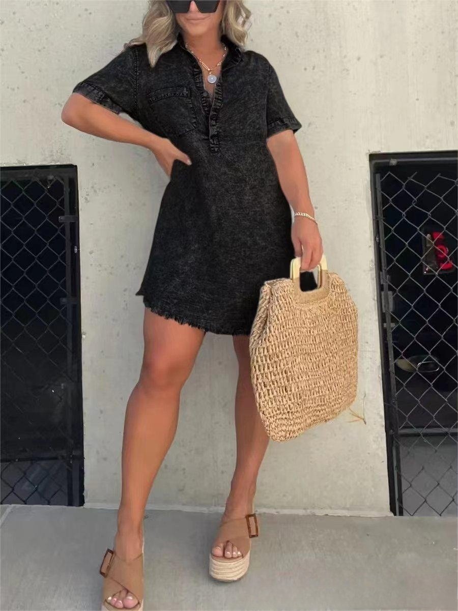Women's Short Sleeve Button Front Denim Shirt Dress
