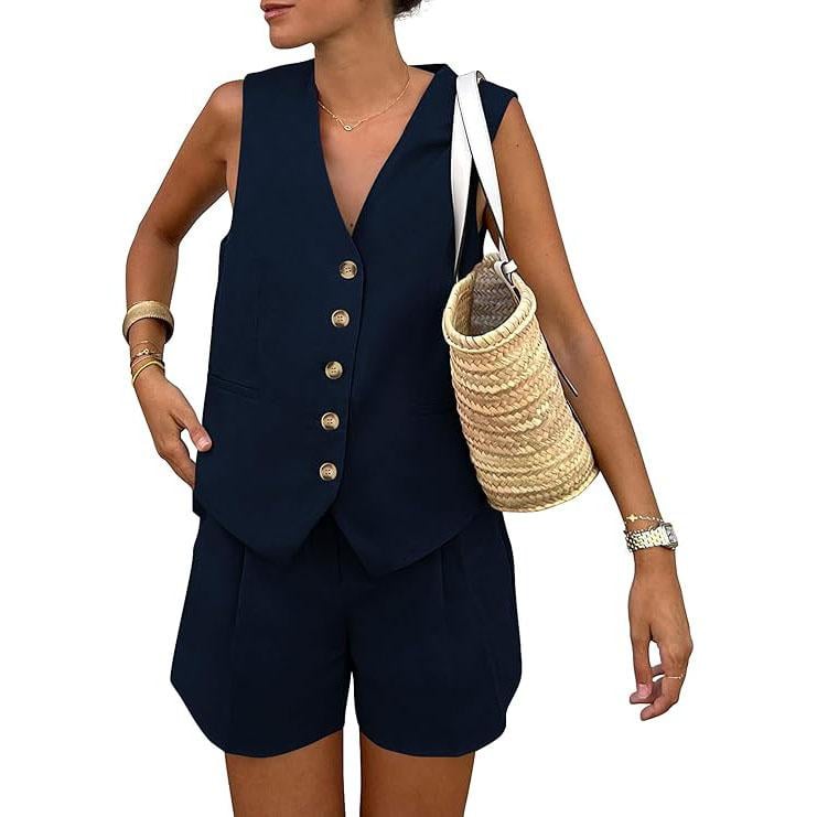 PrettyGarden ermeløst 2-delt damesett med vest og shorts
