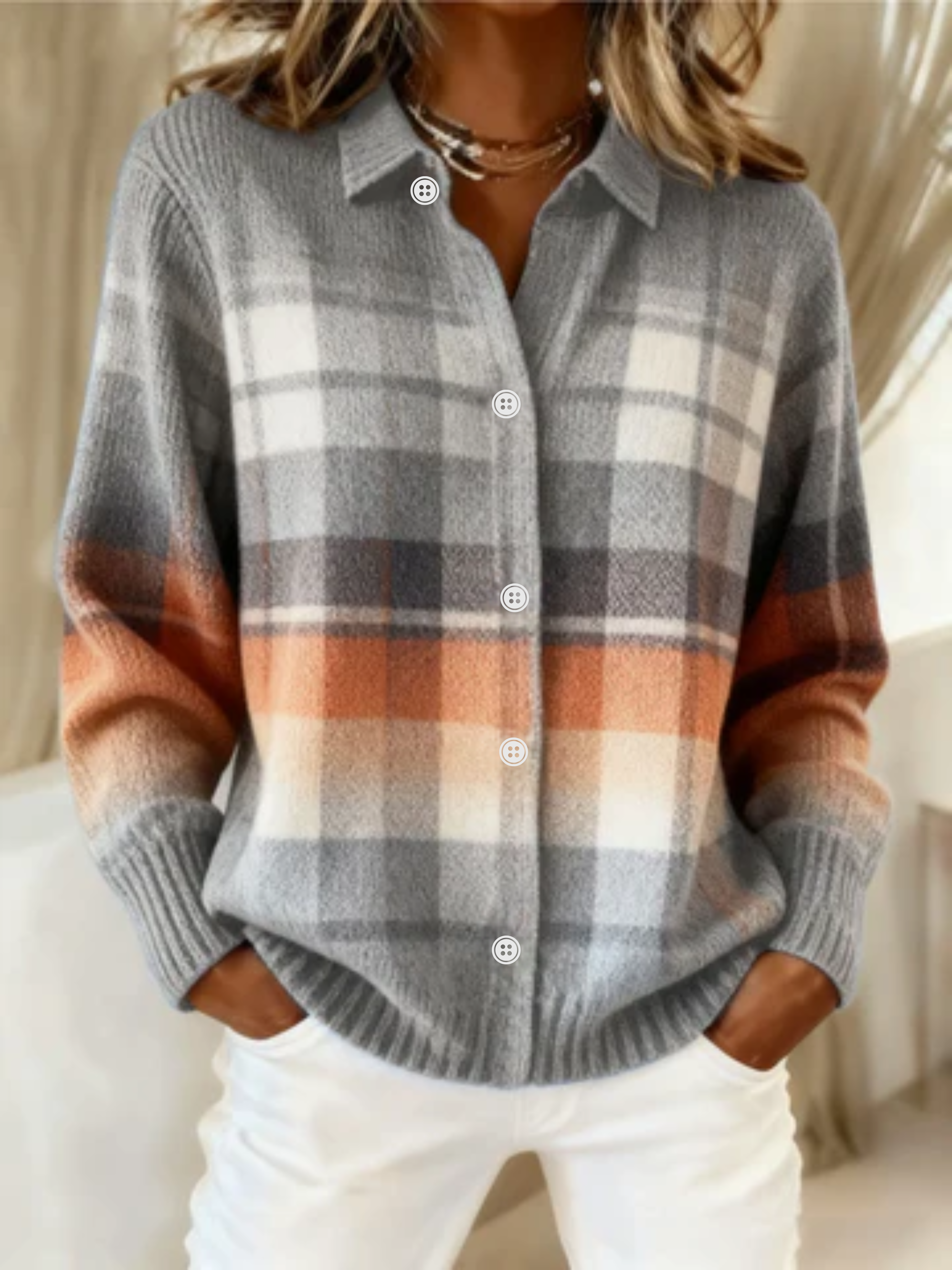 Sloane - Checked Hoodie Blouse in Soft Tones