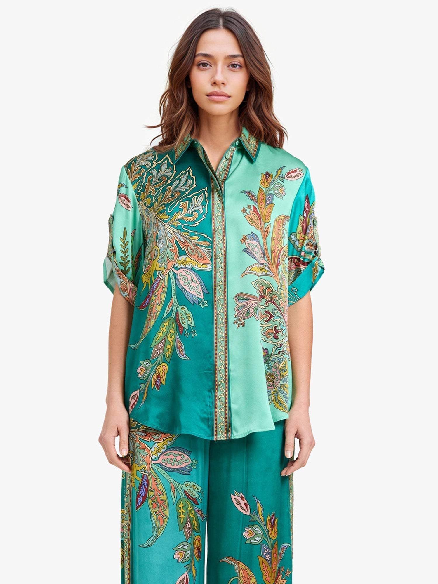 Eliza - Elegant Two-Piece Set, Paisley-Print Shirt and Wide-Leg Pants