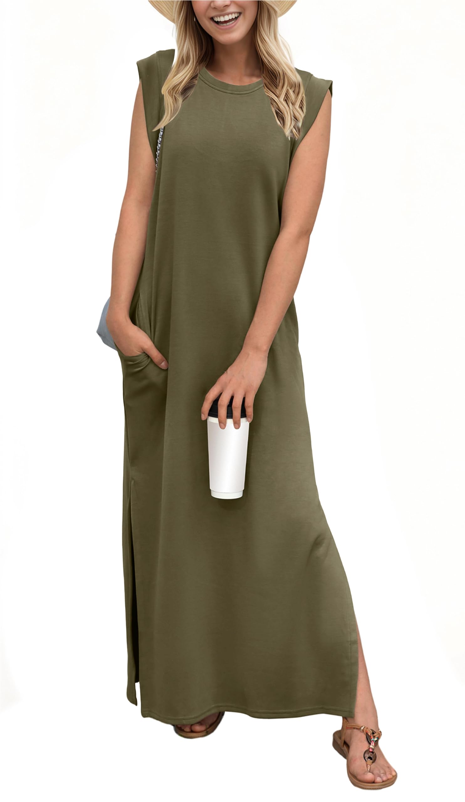 Women's Sleeveless Maxi Dress with Side Slit and Pockets