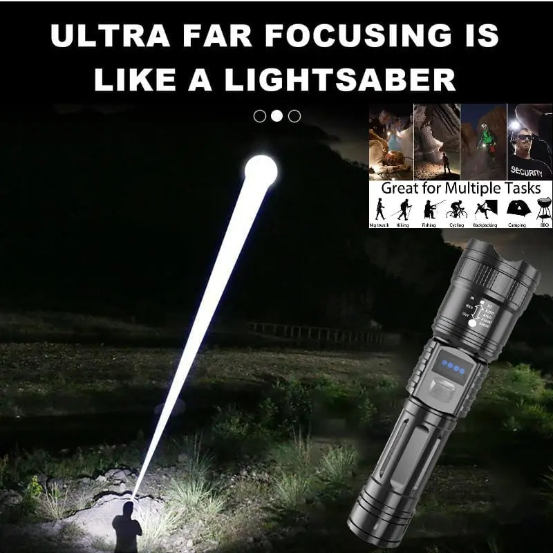 Rechargeable LED Flashlight with Zoom Focus & Digital Display