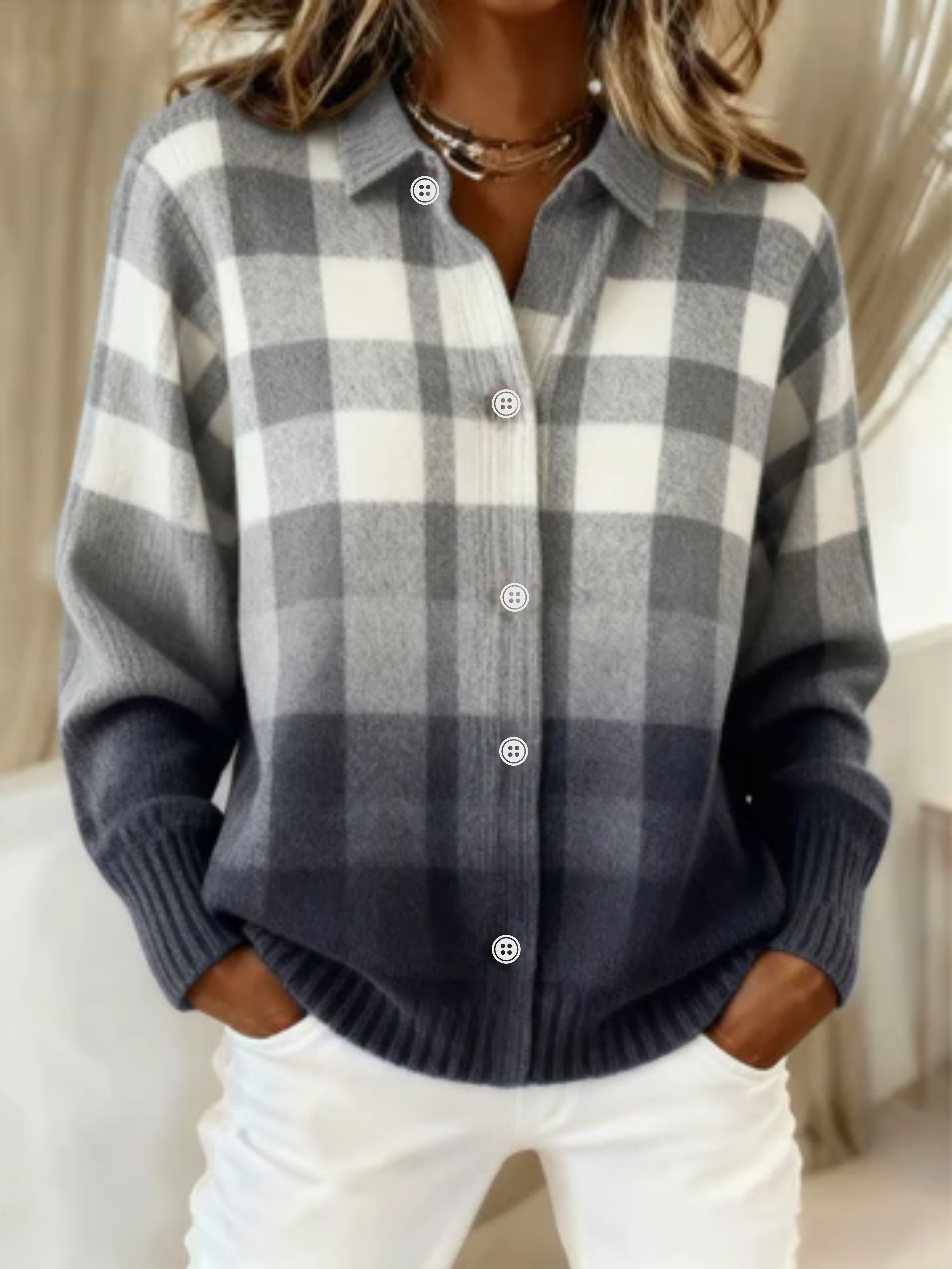 Blue - Checked Hoodie Blouse