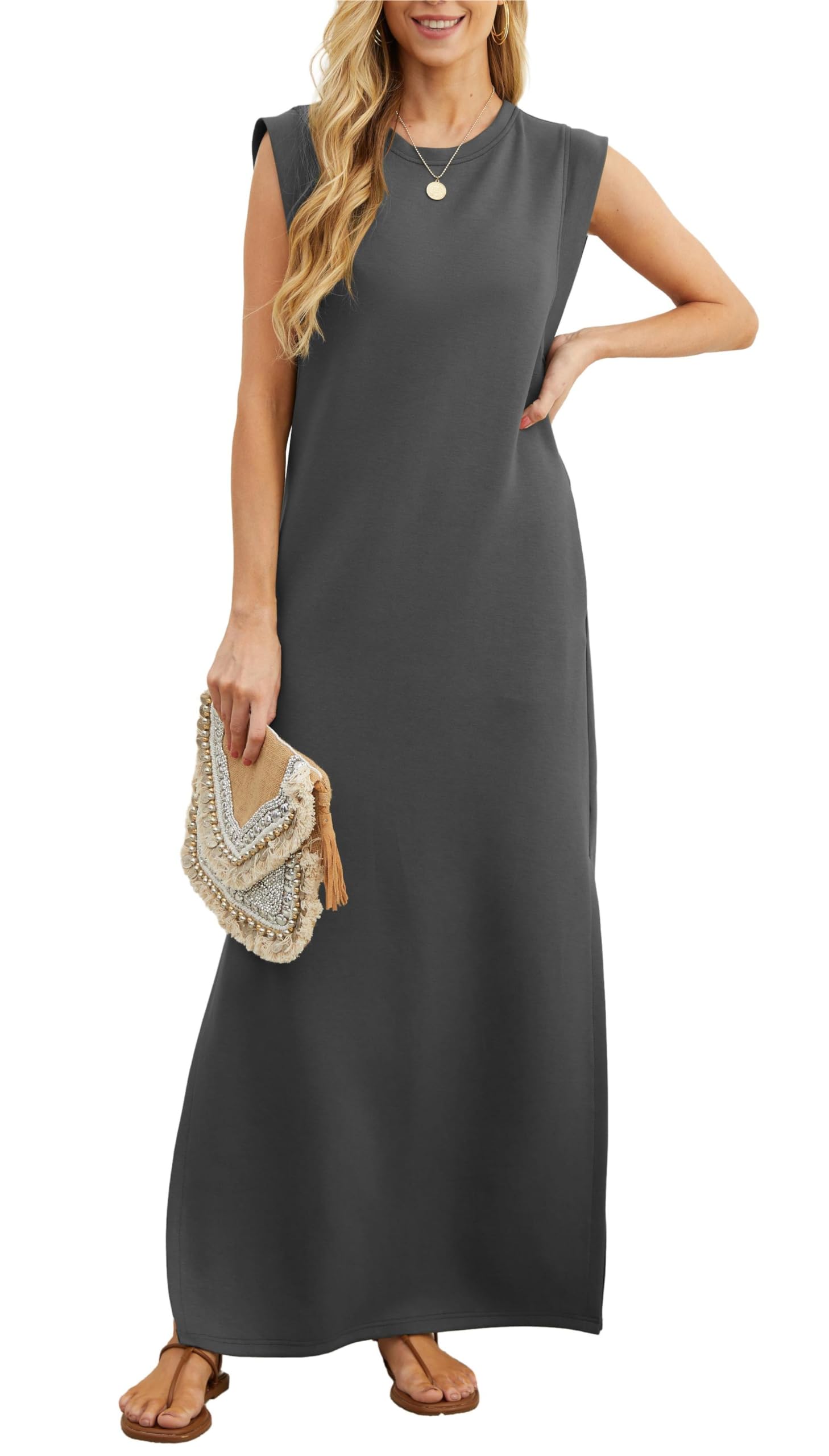 Women's Sleeveless Maxi Dress with Side Slit and Pockets