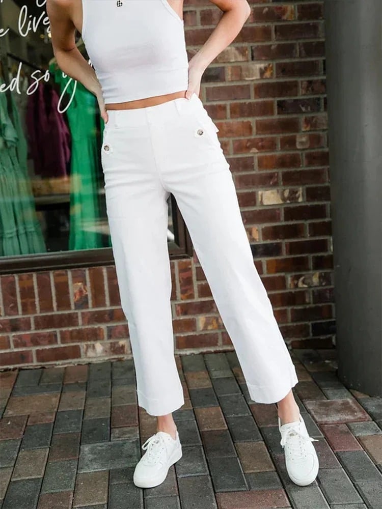Women's Cropped Wide Leg Twill Pants with Pull-On Waist