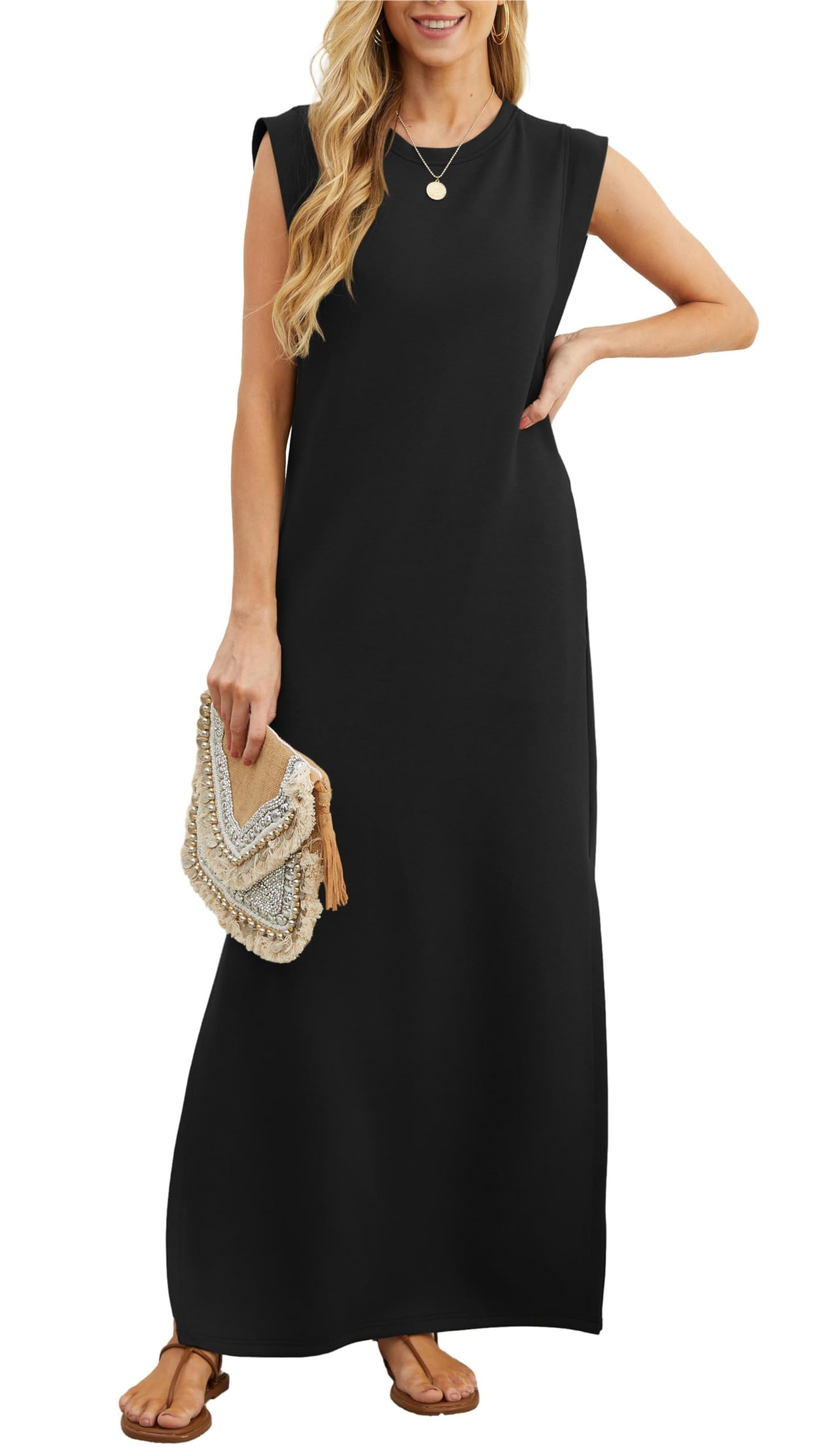 Women's Sleeveless Maxi Dress with Side Slit and Pockets