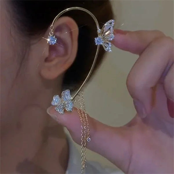 GlowLuxe — Floral Ear Cuff Earrings with Crystal Accents and Tassel Design