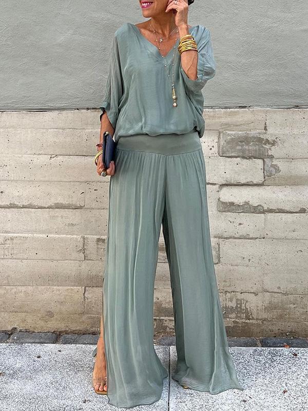 Elegant Chiffon Wide Leg Pants & V-Neck Two-Piece Set