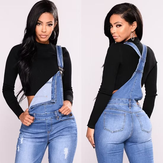 Women's Distressed Denim Skinny Overall Jumpsuit