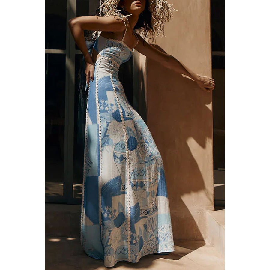 Women's Printed Tie-Back Maxi Dress with Flared Silhouette