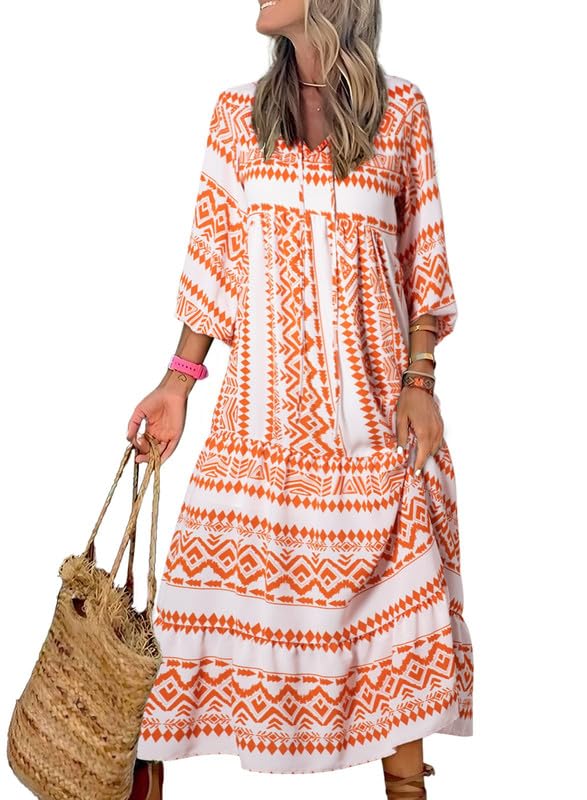 Women's Floral Boho Maxi Dress with Puff Sleeves