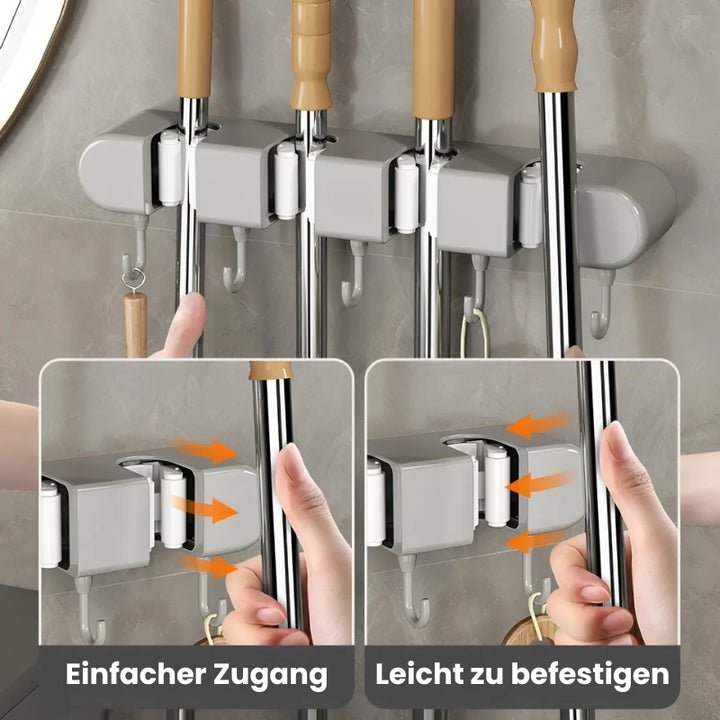 GripMaster — nástěnný držák na mop a koště s háčky