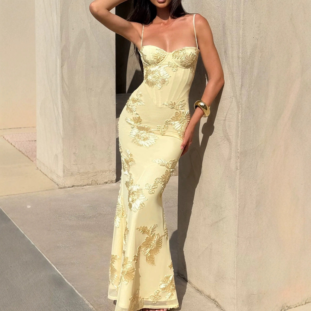 Women's Floral Embroidered Strapless Maxi Evening Gown