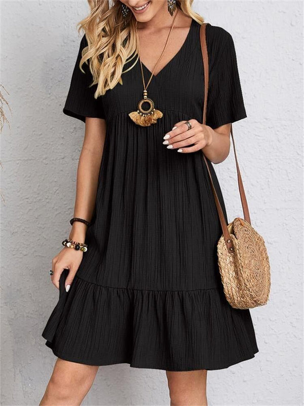 VintageMuse – Damen-Boho-Minikleid mit V-Ausschnitt und Rüschensaum