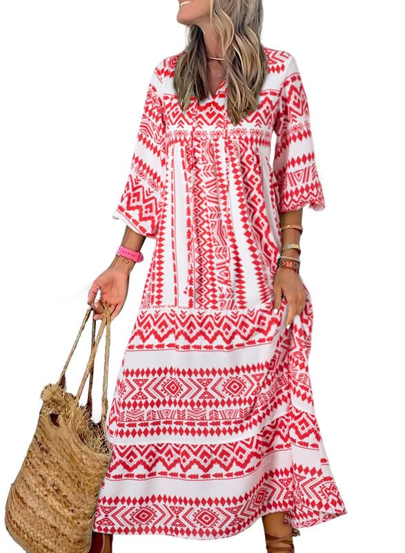 Women's Floral Boho Maxi Dress with Puff Sleeves