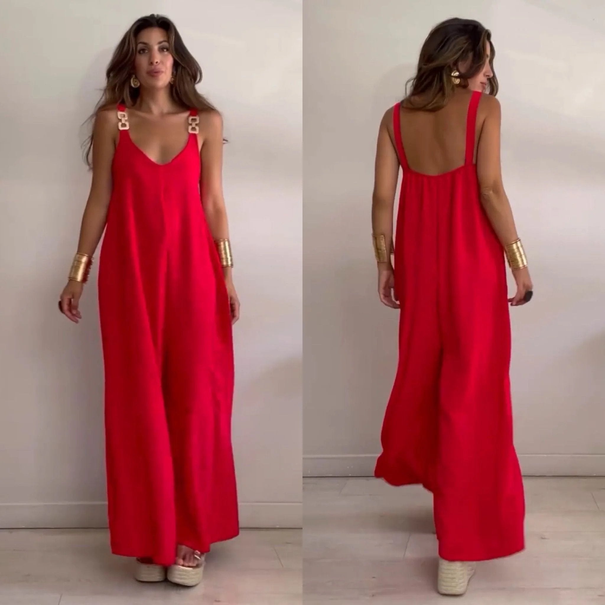 Women's Wide Leg Sleeveless Jumpsuit with Adjustable Straps
