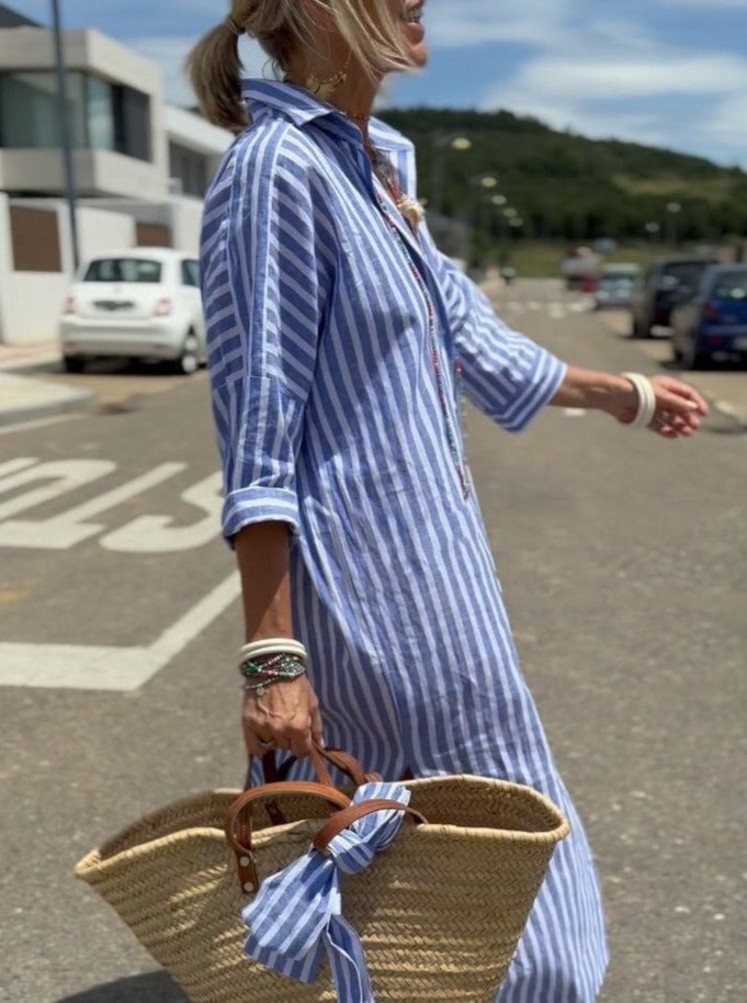 Women's Striped Button-Up Shirt Dress with Relaxed Fit