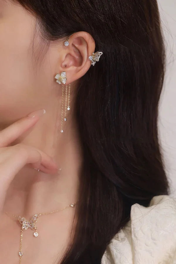 GlowLuxe — Floral Ear Cuff Earrings with Crystal Accents and Tassel Design