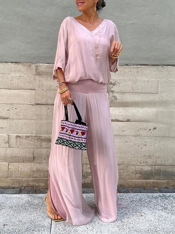 Elegant Chiffon Wide Leg Pants & V-Neck Two-Piece Set